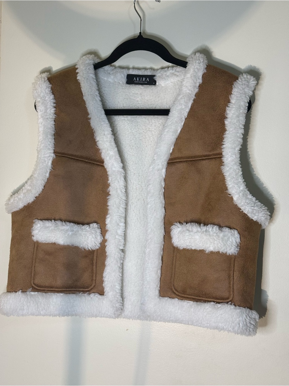 AKIRA women Tan Faux-Suede Sherpa Vest - White Trim